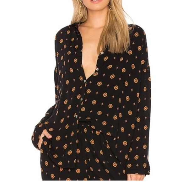 Intimately Free People Black and Orange Button Down Long Sleeve Shirt XS - Picture 2 of 13